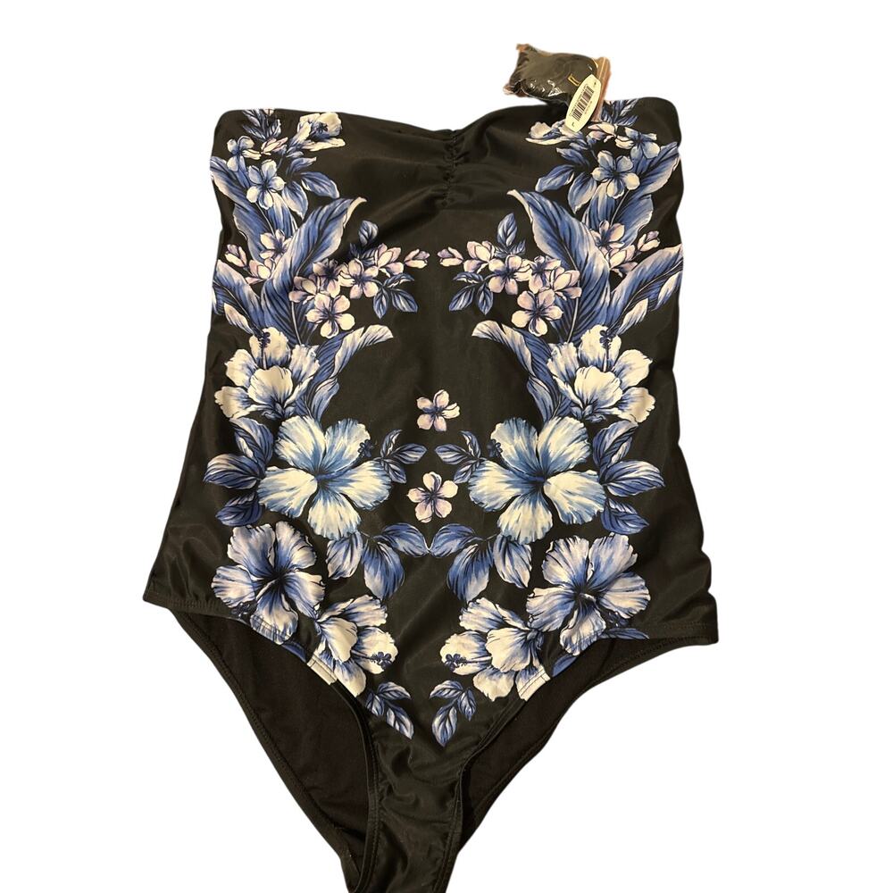 Adore Me Black Blue Floral Hibiscus Print New One Piece Swimsuit Tropical NEW L